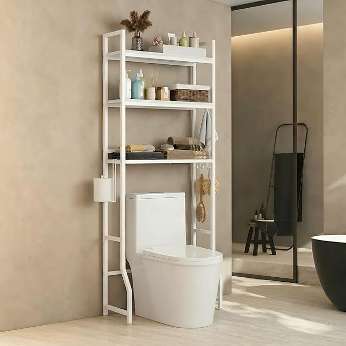 Over the Toilet Organizer White Over the Toilet Shelf with Paper Holder and 3 Hooks 3 Tier Over the Toilet Storage Rack for Restroom, Laundry Bathroom Over the Toilet Cabinet for Small Space