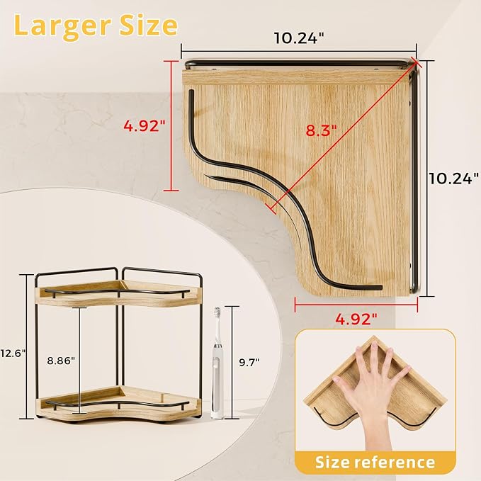 2-Tier Corner Bathroom Counter Organizer with Embedded Screw Holes, Secure & Stable Wood Vanity Shelf for Makeup and Skincare Essentials - Space Saving Bathroom Countertop Storage, ‎‎Light Walnut