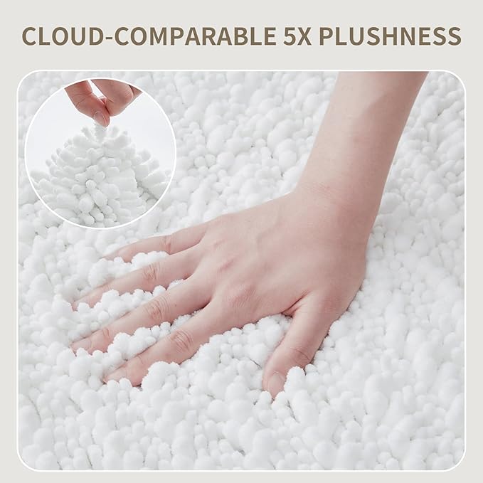 Bathroom Rugs Non Slip Washable 36x24, Extra Thick Soft Chenille Absorbent Bath Mat, High Density Barrier Non Slip Backing, Quick Dry Plush Shaggy Floor Carpet for Tub&Shower, White
