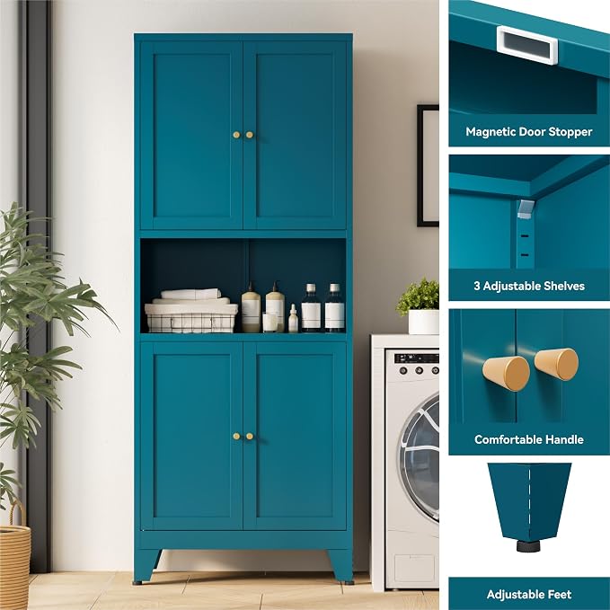 Bevivog Tall Pantry Cabinet with Microwave Shelf, 69" Metal Storage Cabinet with 4 Doors and Adjustable Shelves,Freestanding Metal Kitchen Hutch Cabinet, Blue Pantry Closet Storage Shelves with Doors
