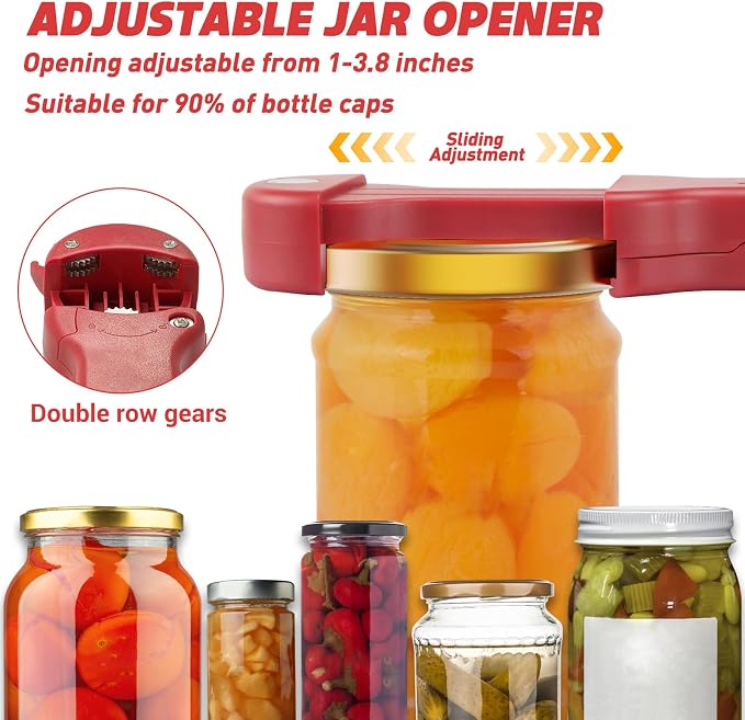 Jar Opener for Seniors with Arthritis, 7 in 1 Bottle Opener and Wine Corkscrew, Easy Grip Kitchen Gadget for Weak Hands Elderly, Retractable Jaw Lid Opener with Magnetic Storage (Red)