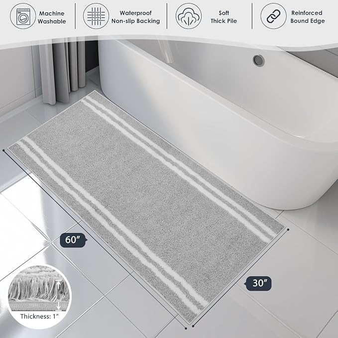 PURRUGS Bathroom Rug Non-Slip Machine Washable 30" x 60", Super Absorbent and Quick Dry Shaggy Microfiber Bath Mat, Extra Soft and Plush Bath Rug for Bathtub, Shower, and Sink, Light Grey