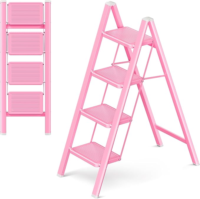 Pink 4 Step Ladder, Sturdy Foldable Ladder, Integrated 7.9Inch Wide Pedal and Anti-Slip Feet for Steady Support, Suitable for Kitchen, Closet, Indoor and Outdoor Use, 330Lbs Load
