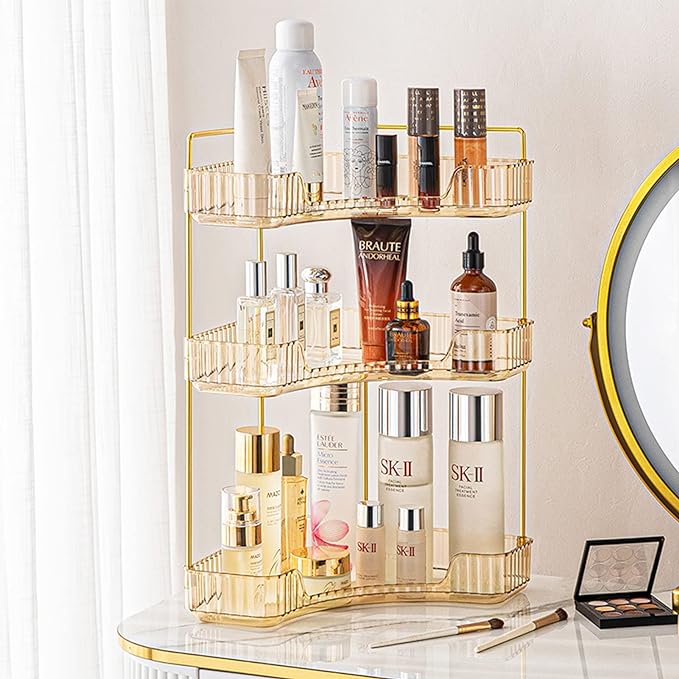 shuang qing 3-Tier Corner Bathroom Counter Organizer – Classic Storage Shelf for Makeup, Perfume & Toiletries, Space-Saving Countertop Tray Fits Bathroom, Dresser, Kitchen (Vintage Gold)
