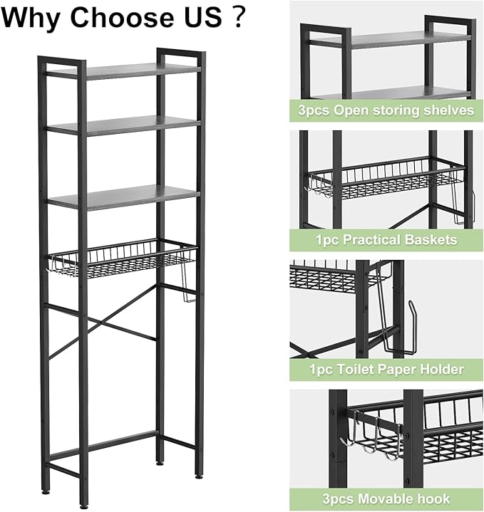 Kalrin Over-The-Toilet Storage Rack, 4-Tier Bathroom Organizer Shelf Over Toilet with Adjustable Shelf and Basket, Freestanding Space Saver Bathroom Shelves Above Toilet for Room (Pure Gray)