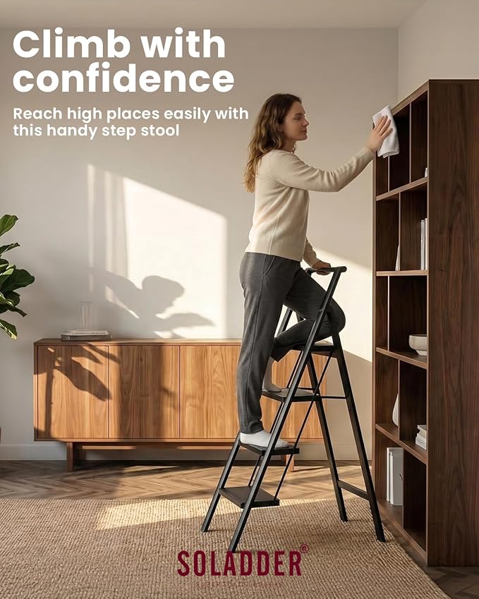 SOLADDER 4 Step Ladder with Handrails, Anti-Slip and Foldable Step Stool with Widen Pedals, Portable Stepladders for Home, Kitchen and Indoor, Space Saving -300lbs (Black)