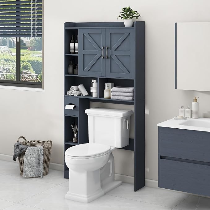 Vabches Over The Toilet Storage Cabinet, Farmhouse Storage Cabinet Over Toilet with 2 Barn Door & Toilet Paper Holder Stand，Home Space-Saving Toilet Rack, for Bathroom, Restroom, Laundry,Blue