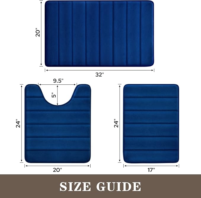 BYSURE Navy Blue Memory Foam Bathroom Rug Set 3 Piece, Non Slip Extra Soft Absorbent Bath Mats, Machine Washable & Dry Toilet Mat Sets for Bathroom Floor