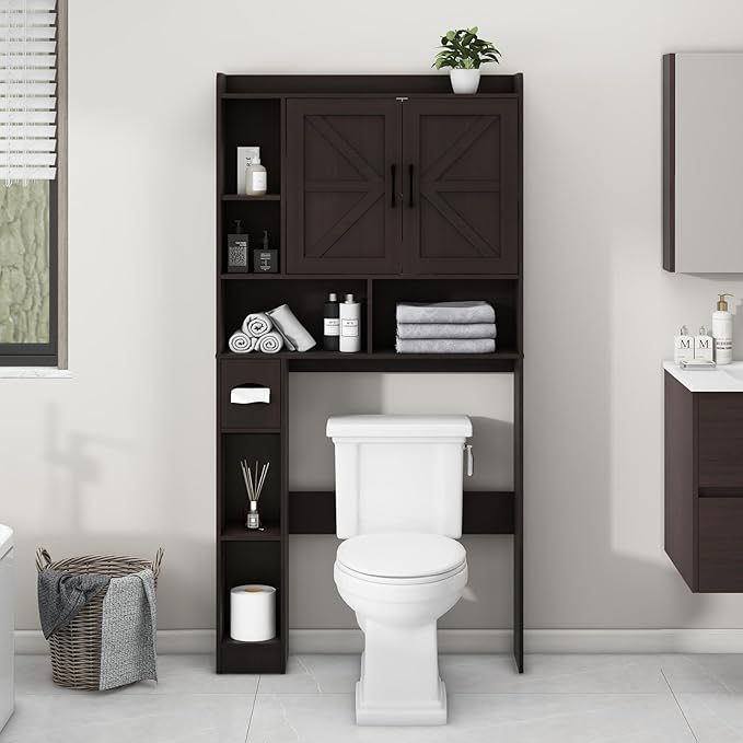 Vabches Over The Toilet Storage Cabinet, Farmhouse Storage Cabinet Over Toilet with 2 Barn Door & Toilet Paper Holder Stand，Home Space-Saving Toilet Rack, for Bathroom, Restroom, Laundry