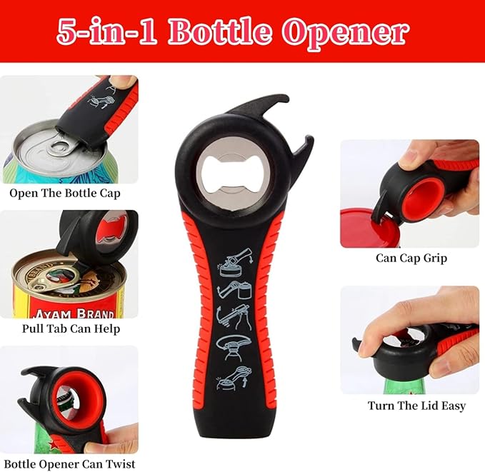 Bloss Anti-skid Jar Opener Can Opener Kitchen Grippers,4 in 1 Multi Function Bottle Opener Lid Opener for Seniors with Arthritis, Caps and Bottles Kitchen Gadgets For Small Hands or Seniors,Black Red