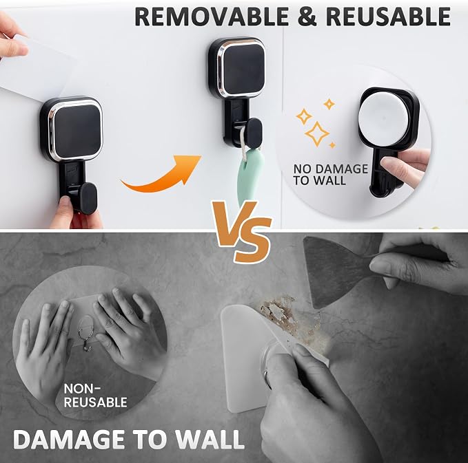 LEVERLOC 4 Pack Suction Cup Hooks for Inside Shower, Powerful Vacuum Suction Shower Holder for Towel, Loofah, Clothes, Damage Free Hanging Bathroom Wall Hooks, Easy to Install and Remove, Black
