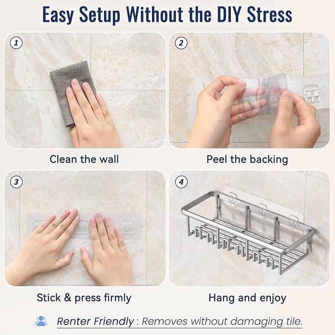 8 Pack Adhesive Rustproof Shower Caddy with Soap Dishes, Toothbrush Holder & Hooks, Large Capacity No-Drilling Shower Shelves Rack for Bathroom Organizers and Storage Accessories, Silver