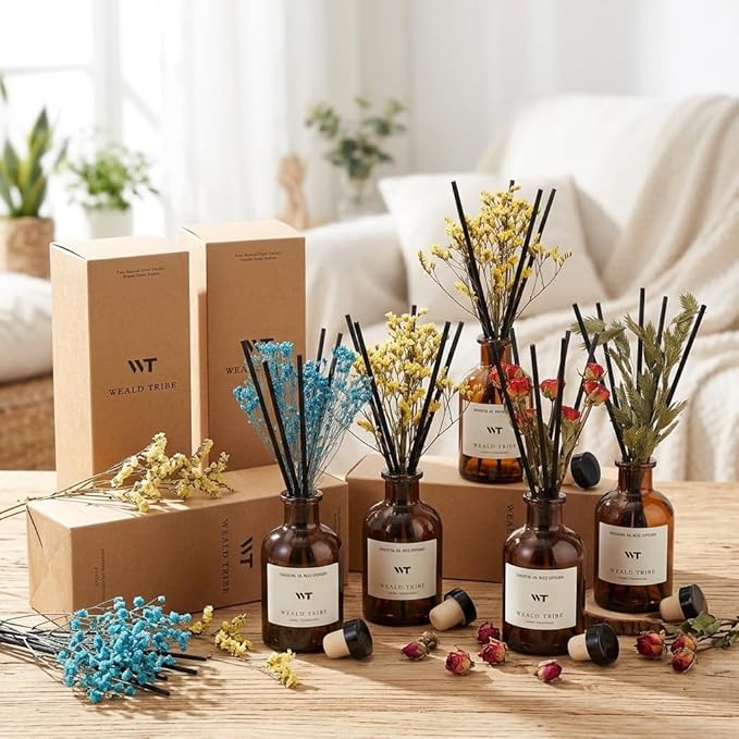 WEALD TRIBE Reed Diffuser Set for Bathroom Air Fresheners, Oil Diffuser Sticks with Flower | Lemongrass Scent 4.0 fl oz Home Fragrance with Sticks Defusers | House Bedroom Office Shelf Decor