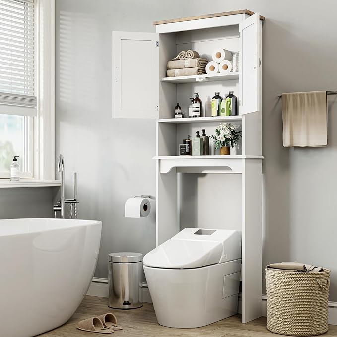 GarveeHome Over The Toilet Storage Cabinet, 66 in H Bathroom Space Saver Organizer with Double Doors & Adjustable Shelves Free Standing Toilet Shelf for Small Bathrooms, Easy Assembly, White