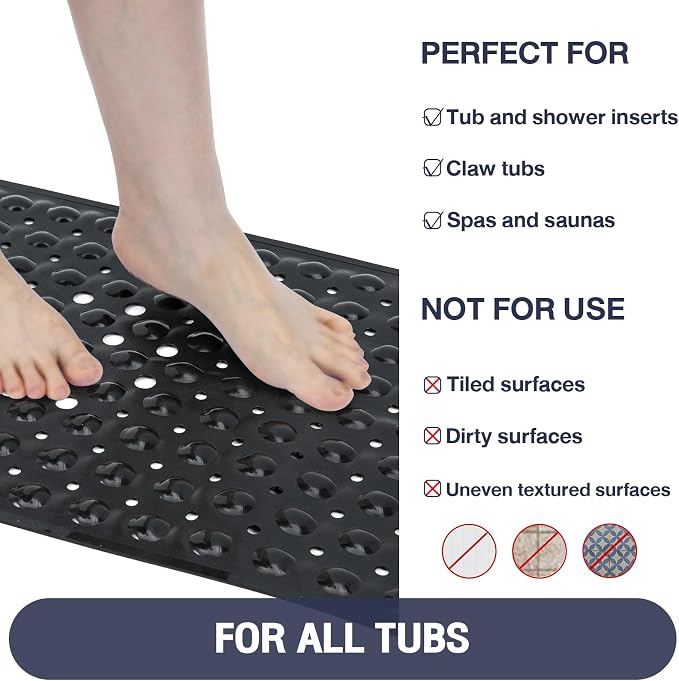 Extra Long Black Bathtub Mat Non Slip, Soft Bath Mat for Tub 40 x 16 Inch Full Size, Bath Tub Shower Mats for Bathroom Floor with Big Suction Cups and Drain Holes, Easy Washable, BPA Free