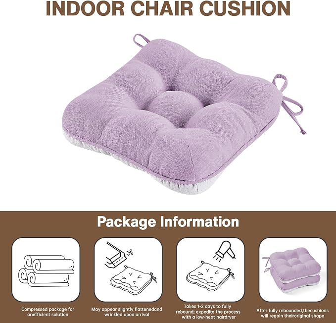 BETU Chair Cushions for Dining Chairs Set of 6,3.5" Thick Kitchen Table Chair Pads with Ties,Non Slip Backing and Covers, Seat Cushion for Dining Room,Bar,Patio Chairs,15.5"X15.5"X3.5",Purple
