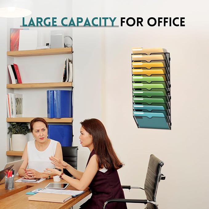 SUPEASY 10 Tier Wall File Organizer, Hanging Wall Mounted Mail Organizer with Label Slots, Metal Mesh File Holder Magazine Rack for Office, Home, School or Classroom, Black
