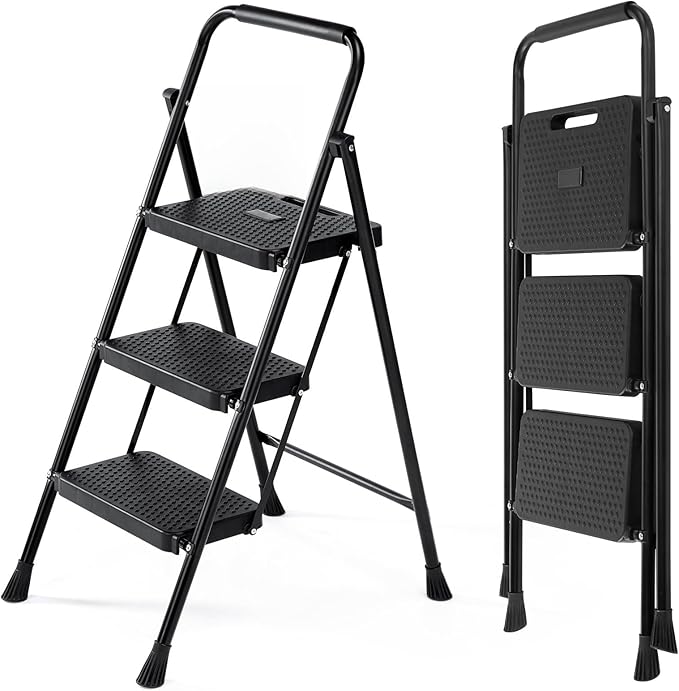 Sweetcrispy Folding 3 Step Ladder Stool - Lightweight, 800lbs Sturdy, with Anti-Slip Feet - Perfect for Home, Kitchen, and Office Use, Easy Storage and Portable Design