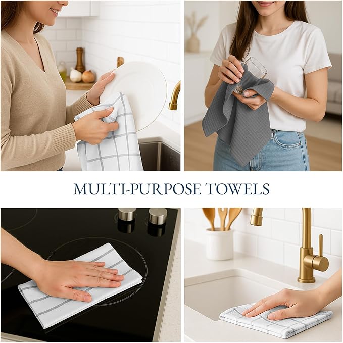 LANE LINEN Kitchen Towels & Dishcloths Set of 12-100% Cotton, Quick-Drying 18” x 28” Absorbent Dish & Tea Towels, Soft Hand Towels for Kitchen - Grey