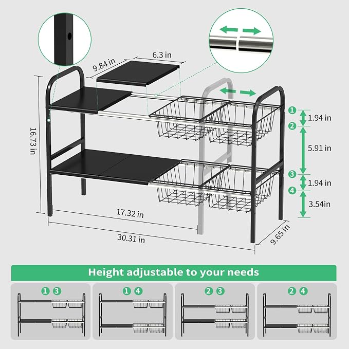 Expandable 2-Tier Under Sink Organizer, 8 Removable Plastic Boards, Tool-Free Installation (Black, 2-Tier 4 Boards and 4 Baskets)