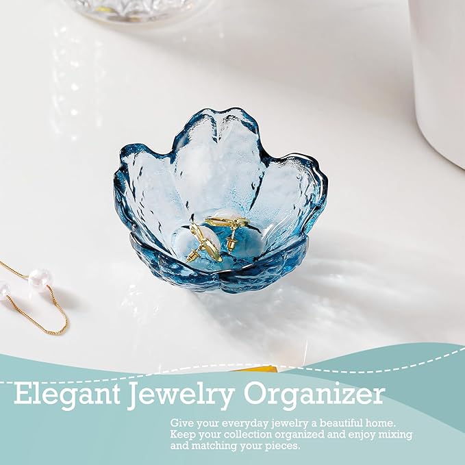 Binoster Blue Flower Glass Ring Dish Jewelry Tray Ring Holder Dish Cute Room Decor Vanity Organizer for Nightstand or Bathroom Aesthetic Trinket Dish Gift for Wife Mom Daughter