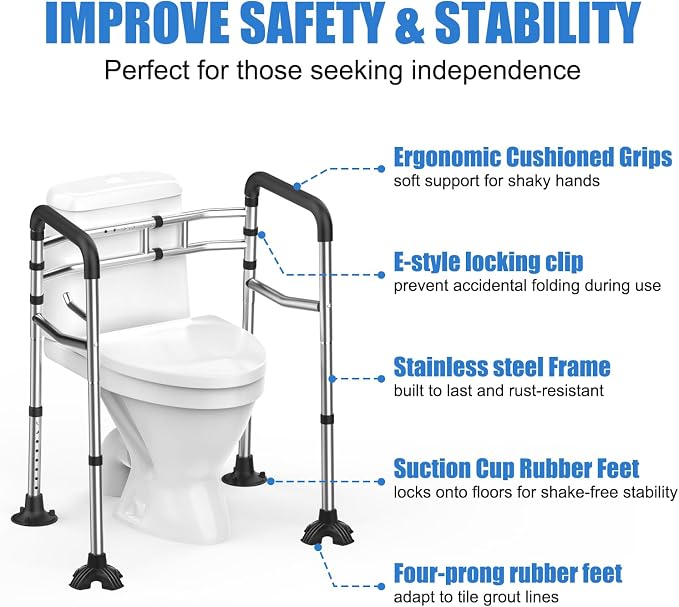 Toilet Safety Rails, Stainless Steel Adjustable Toilet Frame with Soft Handles&Tissue Holder, 380LBS Foldable Detachable Toilet Safety Frame for Elderly, Seniors, Handicap & Disabled