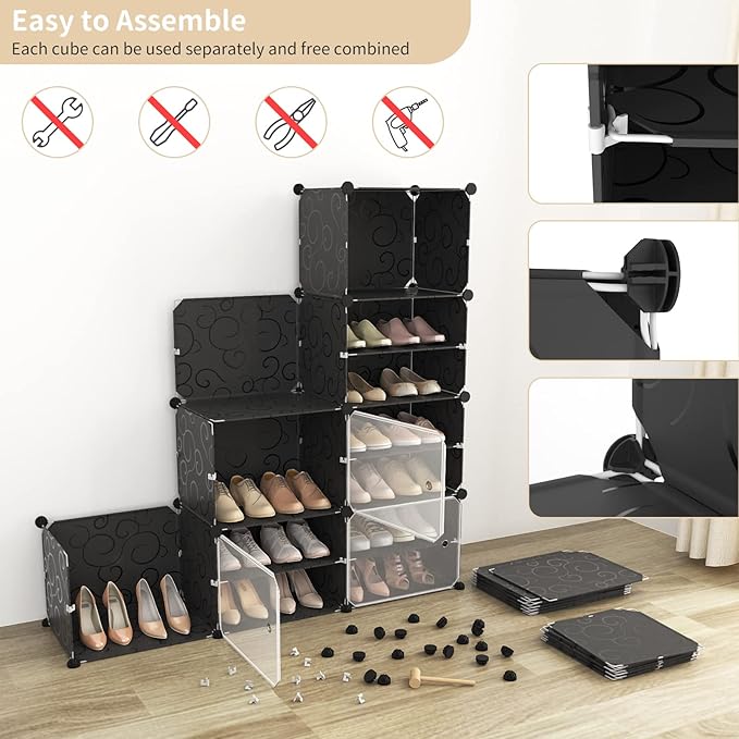 Portable Shoe Rack Organizer with Door, 96 Pairs Shoe Storage Cabinet Easy Assembly, Plastic Adjustable Shoe Storage Organizer Stackable Detachable Free Standing DIY Expandable 12 Tier Black
