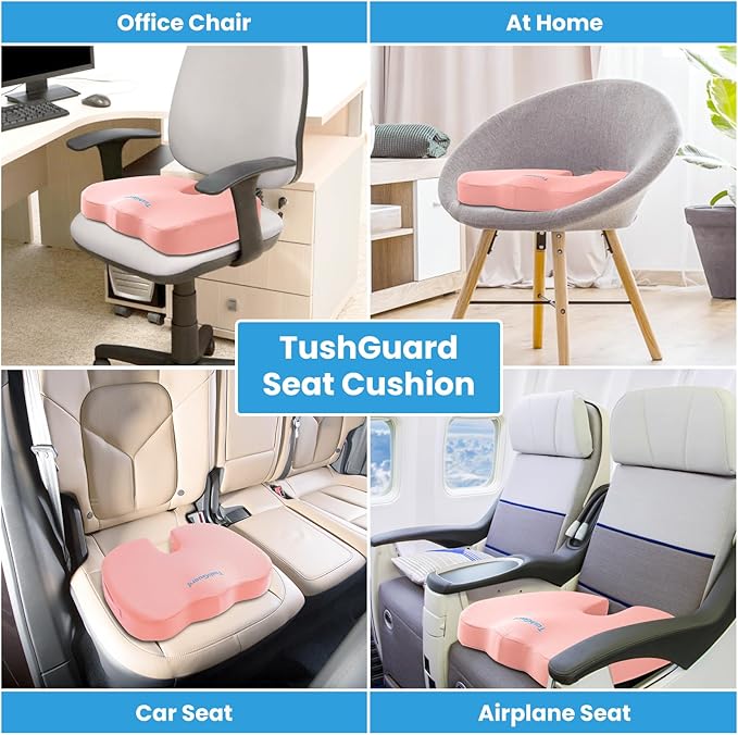 TushGuard Seat Cushion for Office Chair Memory Foam Non-Slip Cushion Back, Relief Chair Pad, Butt Pillow for Office Chair, Car, Computer Desk, Pink