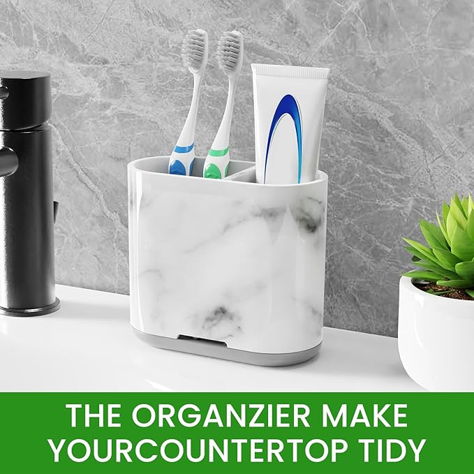 Chintu Toothbrush Holders, 2 Slots Tooth Brush Holder for Bathrooms, Kids Electric Toothbrush and Toothpaste Organizer for Bathroom Countertop Accessories, Shower, Vanity, Storage, Marble/Gray