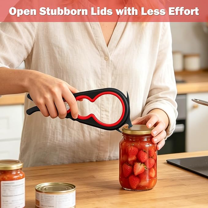 Jar Opener Set - 6-in-1 Adjustable Jar Opener Can Opener, 4-in-1 Bottle Opener Lid Opener & Rubber Jar Gripper, Multifunctional Kitchen Gadget for Seniors, Arthritis, Weak Hands (Red&Black)