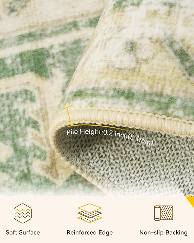 RELEANY Area Rugs Runner 2'x10' Washable Non-Slip, Floral Vintage Distress Medallion Carpet for Kitchen Hallway Bedroom Beside Laundry Room Bathroom, Sage Green Yellow