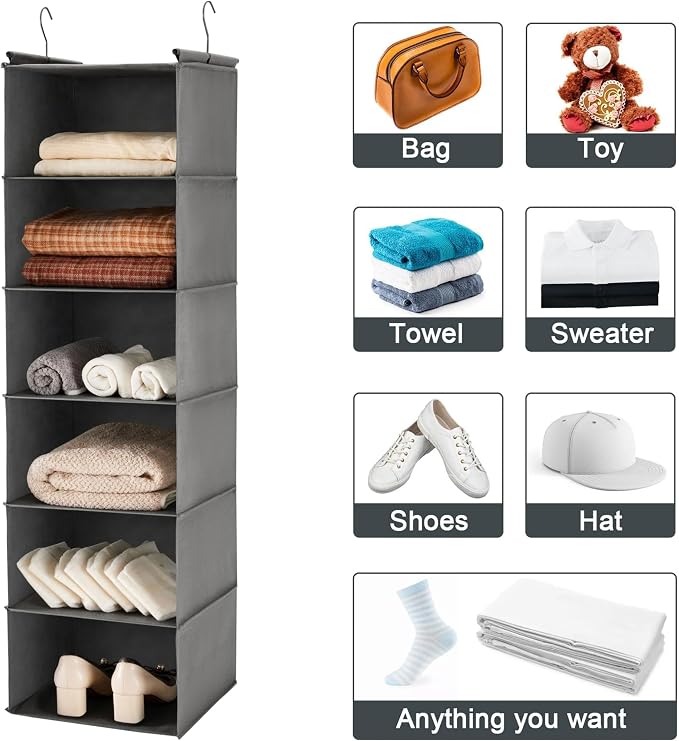 MAX Houser 6 Tier Shelf Hanging Closet Organizer, Closet Hanging Shelf with 2 Sturdy Hooks for Storage,2 Pack, Foldable (Grey)