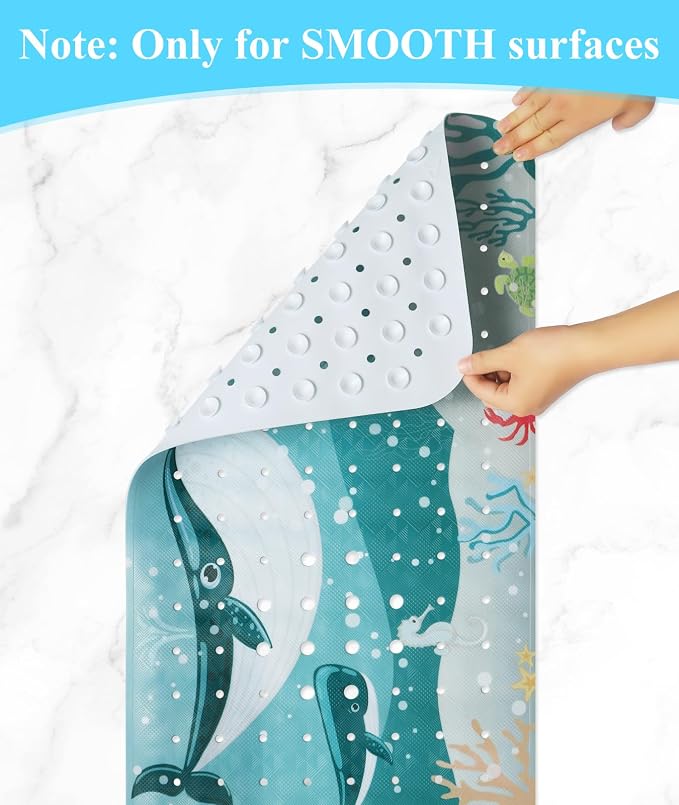 Secopad Bath Mat for Tub Non Slip, Machine Washable Anti-Slip Cartoon Baby Bathtub Shower Mat with Drain Holes and Suction Cups for Toddler & Kids, 40 Inch x 16 Inch, Whales