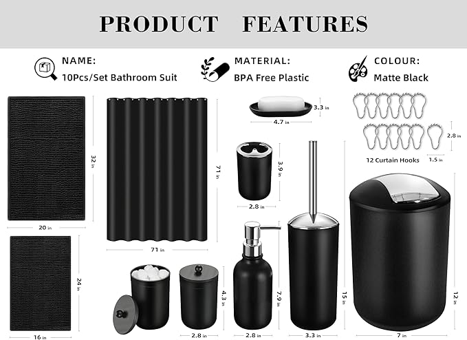 Black Bathroom Accessories Set, 22Pcs Bathroom Sets with Shower Curtain and Rugs, Bathroom Accessories Sets Complete with Trash Can, Non-Slip Bathroom Rugs Super Absorbent