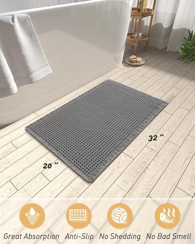 AMOAMI Upgraded Waffle Bath Mat, Super Absorbent Non Slip Bath Mats for Bathroom Floor, Washable Bathroom Rugs with Tassels, Rubber Backed Bathroom Mats, Ultra Soft, 20" x 32", Dark Grey