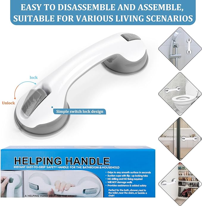 Shower Handle 1 Pack Grab Bars for Bathtubs & Showers, 12 inch Grab Bars for Bathroom with Strong Hold Suction Cup, Balance Bar Safety Hand Rail for Injury, Senior, Elderly Grey