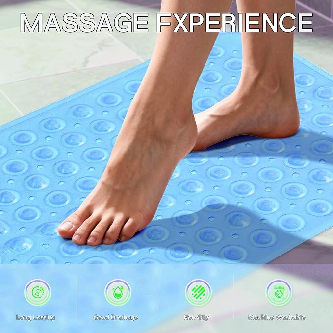 Anti-Slip Bathtub Shower mat, 28×15（ 70×37cm） inch Soft Oversized Machine Washable Non-Slip Bathtub mat with Drainage Holes, Bathroom Floor Suction Cup.（1-Sky Blue）