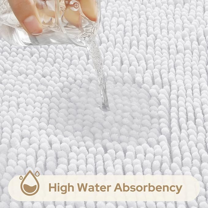 HOMEIDEAS 3 Pieces Bathroom Rugs, Ultra Soft Non Slip Absorbent Chenille Toilet Bath Mat Set (White)