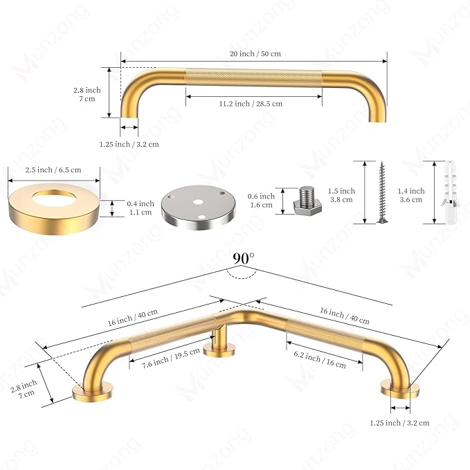16" Angled Gold Bathroom Grab Bars for Shower with 20" Straight Munzong Toilet Handicap Grab Rail,Anti Slip Stainless Steel Knurled Safety Handle Support Elderly Injury Senior