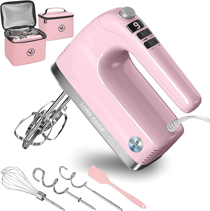 Lord Eagle 9-Speed Digital Hand Mixer Electric Handheld, 500W DC Motor Kitchen Mixer for Cake Baking, Lightweight Egg Beaters with Stain-resistant & Waterproof Storage Bag & 6 Accessories, Pink