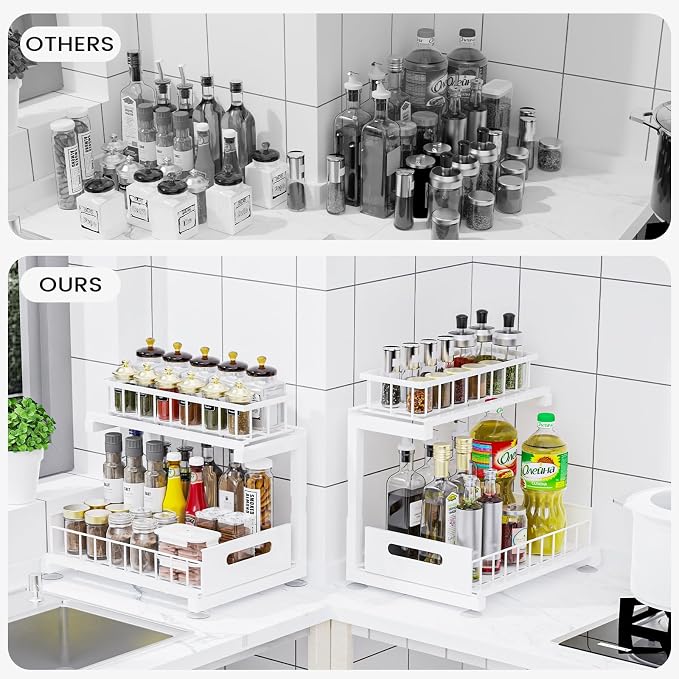 Under Sink Organizer, Heavy Duty Metal Pull Out Cabinet Organizer Slide Out Sink Shelf Organizer Height Adjustable, Multi-Purpose Storage Shelf for Kitchen Bathroom(White,2Pack)