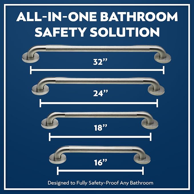 Shower Grab Bars 4 Pack – Complete Bathroom Safety Starter Bundle for Seniors – 16", 18", 24", 32" Lengths, 1.25" Diameter, 500 lb Rated – All-in-One Grab Bar Shower Safety Solution – Peened Textured