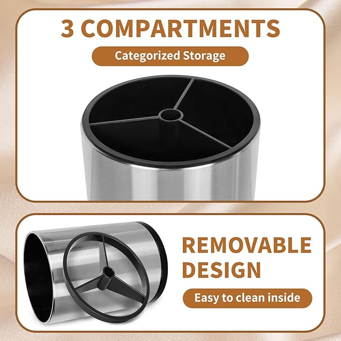 Nigelia Set of 2, Extra Large Kitchen Utensil Holder, 360° Rotating Stainless Steel Cooking Utensil Holder for Countertop, 3 Compartment Flatware Organizer (Silvery)
