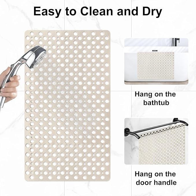 Bathtub Mat Non Slip: 30x17 inch Soft TPE Bath Mat for Tub with Suction Cups and Drain Holes, Efficient Drainage Anti Slip Shower Mats for Inside Shower, Machine Washable, Easy to Dry&Cut