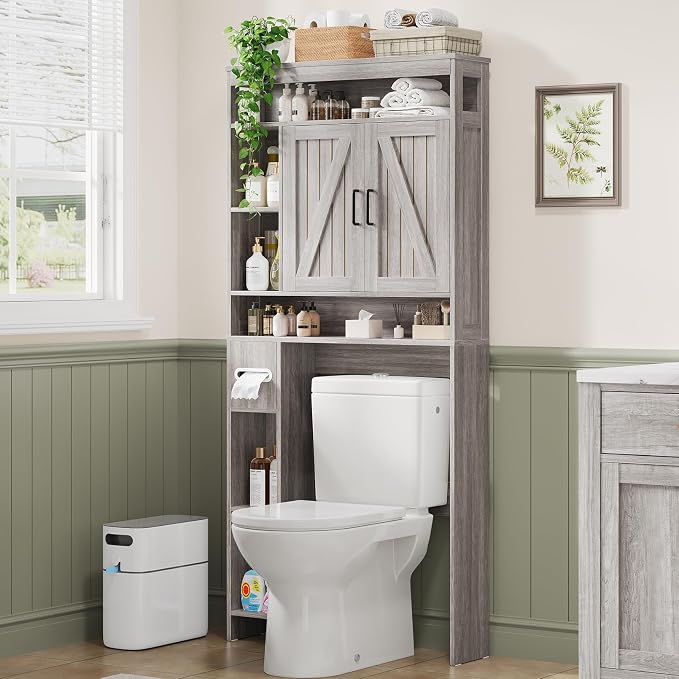 Over The Toilet Storage Cabinet with 2 Barn Doors & Built-in Toilet Paper Holder, Farmhouse Space-Saving Organizer for Bathrooms and Laundry Room, Grey