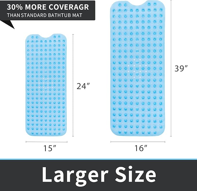 ROSMARUS Shower Mat Extra Long 16” x 39” Non-Slip Bath Mat for Tub with Suction Cups and Drain Holes Bathtub Mats for Kids, Baby, Bathroom Shower Floor Mat Anti Slip Bathtub Accessories, Blue