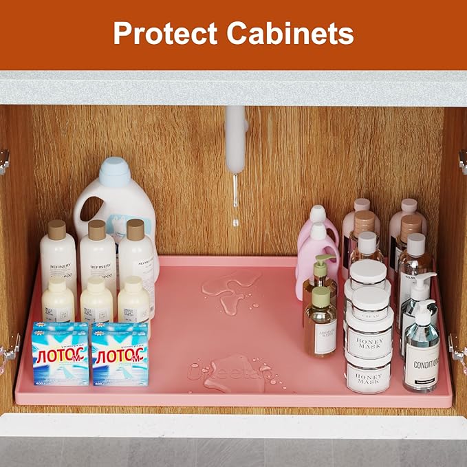 ukeetap Extra Thick Silicone Mat Waterproof with Raised Edge 34" x 22", Under Sink Mat for Kitchen & Bathroom, Kitchen Cabinet Liner, Multi-Purpose for Storage & Protection, Pink