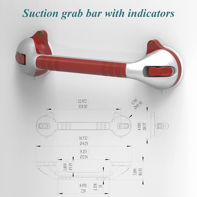 17-inch Suction Shower Grab Bar with Indicators, Tool-Free Installation, Steady Handle for Balance Assist for Bathtub,Bathroom,Toilet, Dual Tone Silver/Grey