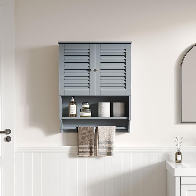 ChooChoo Bathroom Wall Cabinet with Towels Bar, 23.6" L x7.9 W x27.5 H MDF Material Medicine Cabinet, 2 Doors Over The Toilet Space Saver Storage Cabinet with Large Space, Grey