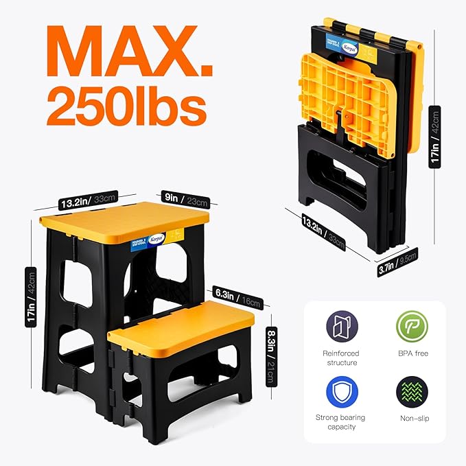 Korpai Folding 2 Step Stools,8" & 17" Dual Heights,Foldable Step Stool for Adults and Kids,Hold up to 250lbs,Collapsible Step Stool for Kitchen Bedroom Office Bathroom RV, Yellow